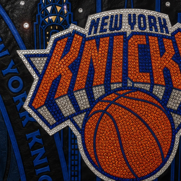 Куртка New York Knicks JH Design Navy/Orange 2026 NBA Finals Champions Limited-Edition Swarovski Crystal Leather Full-Snap