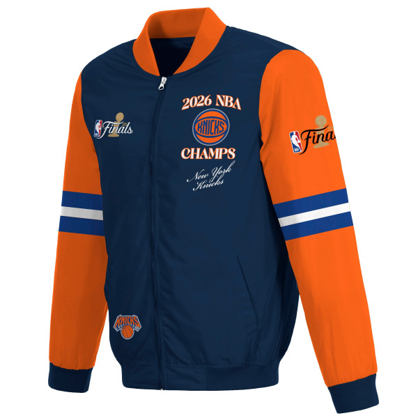Подростковая New York Knicks JH Design Navy/Orange 2026 NBA Finals Champions Nylon Full-Zip Jacket