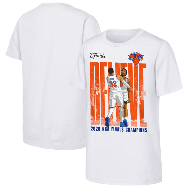 Подростковая New York Knicks OG Anunoby & Karl-Anthony Towns Outerstuff White 2026 NBA Finals Champions Believe T-Shirt