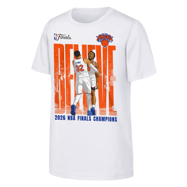 Подростковая New York Knicks OG Anunoby & Karl-Anthony Towns Outerstuff White 2026 NBA Finals Champions Believe T-Shirt