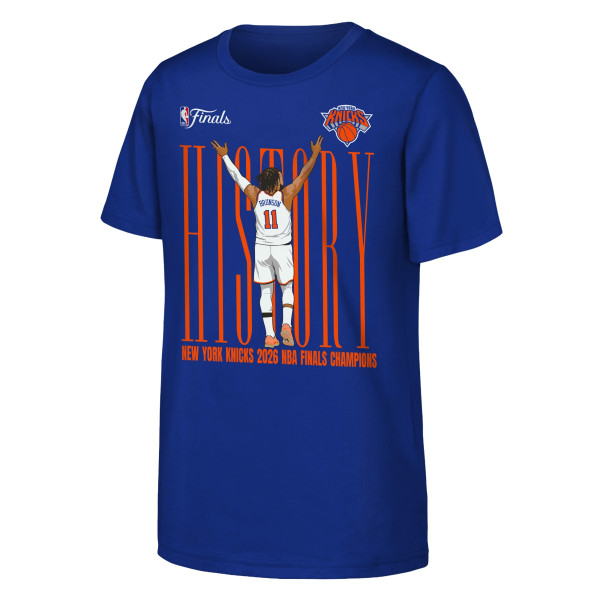 Подростковая New York Knicks Jalen Brunson Outerstuff Royal 2026 NBA Finals Champions History T-Shirt