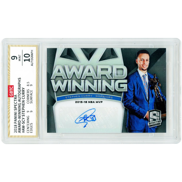 Карточка Stephen Curry Golden State Warriors Autographed 2018-19 Panini Spectra Award Winning #AW-SCY #1/25 GBTC Authenticated 9/10 - 9,8.5,9,9 Subgrades