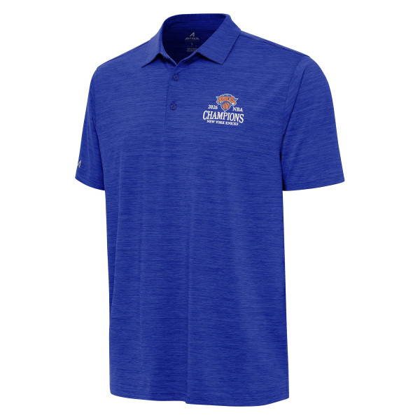 Поло New York Knicks Antigua Heather Blue 2026 NBA Finals Champions Wordmark Layout