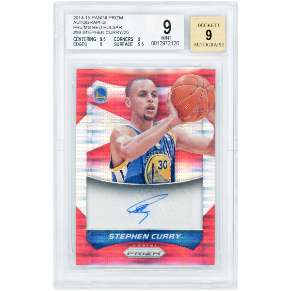 Карточка Stephen Curry Golden State Warriors Autographed 2014-15 Panini Prizm Red Pulsar Prizm #59 #16/25 BGS Authenticated 9/9 - 9.5,9,9,9.5 Subgrades