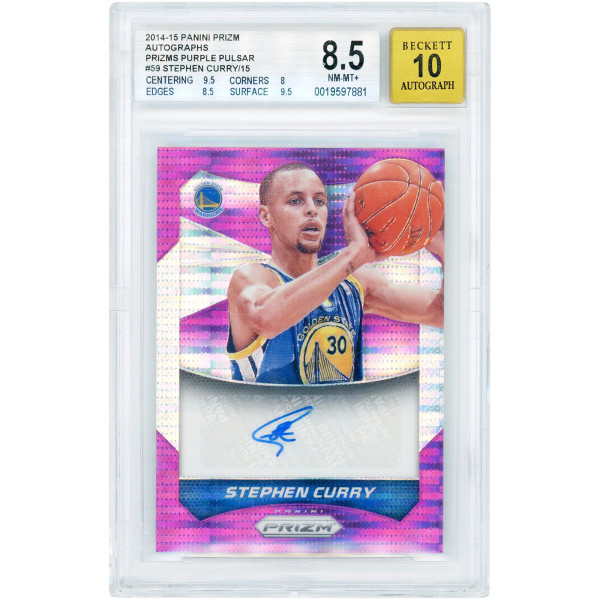 Карточка Stephen Curry Golden State Warriors Autographed 2014-15 Panini Prizm Purple Pulsar Prizm #59 #15/15 BGS Authenticated 8.5/10