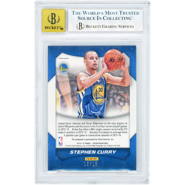 Карточка Stephen Curry Golden State Warriors Autographed 2014-15 Panini Prizm Purple Pulsar Prizm #59 #15/15 BGS Authenticated 8.5/10