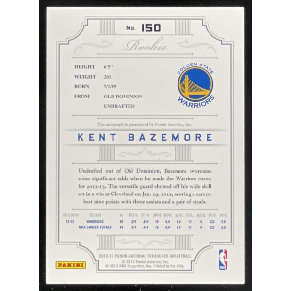 2012-13 Panini National Treasures #150 Kent Bazemore RC Auto /99