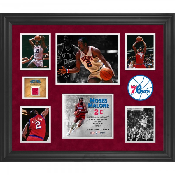 Philadelphia 76ers Moses Malone Framed 20 x 24 5 Photo Collage with Game Used Jersey - Limited Edition of 160