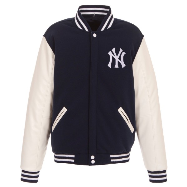 New York Yankees JH Design Navy Reversible Fleece Jacket with Faux Leather Sleeves