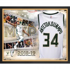 Autographed Milwaukee Bucks Giannis Antetokounmpo Fanatics Authentic Framed Nike White Swingman Jersey 2019 NBA MVP Collage