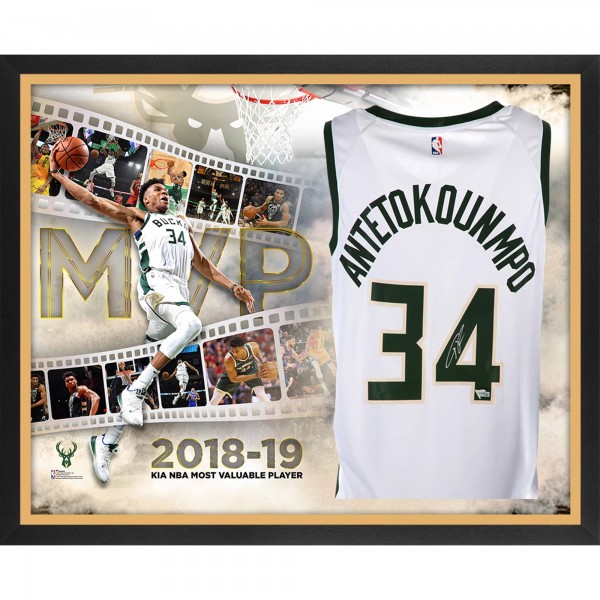 Autographed Milwaukee Bucks Giannis Antetokounmpo Fanatics Authentic Framed Nike White Swingman Jersey 2019 NBA MVP Collage