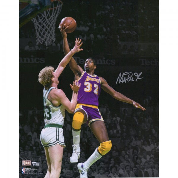 Autographed Los Angeles Lakers Magic Johnson Fanatics Authentic 16 x 20 Lay Up Over Larry Bird Photograph