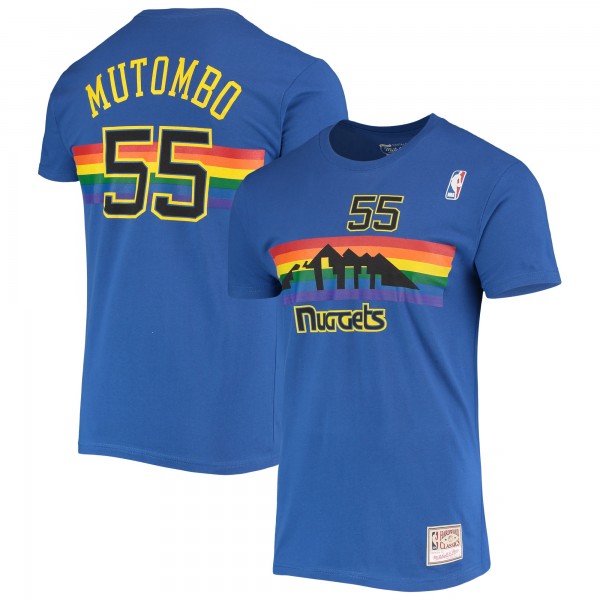 Denver Nuggets Dikembe Mutombo Mitchell & Ness Royal Hardwood Classics Stitch Name & Number T-Shirt