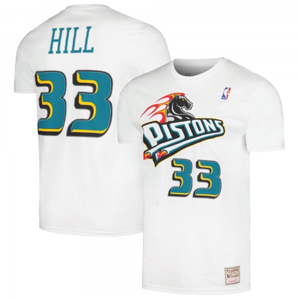 Detroit Pistons Grant Hill Mitchell & Ness White Hardwood Classics Stitch Name & Number T-Shirt