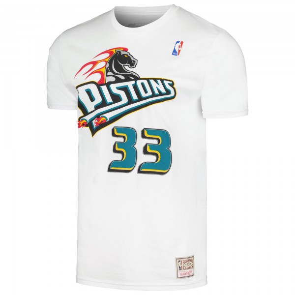Detroit Pistons Grant Hill Mitchell & Ness White Hardwood Classics Stitch Name & Number T-Shirt