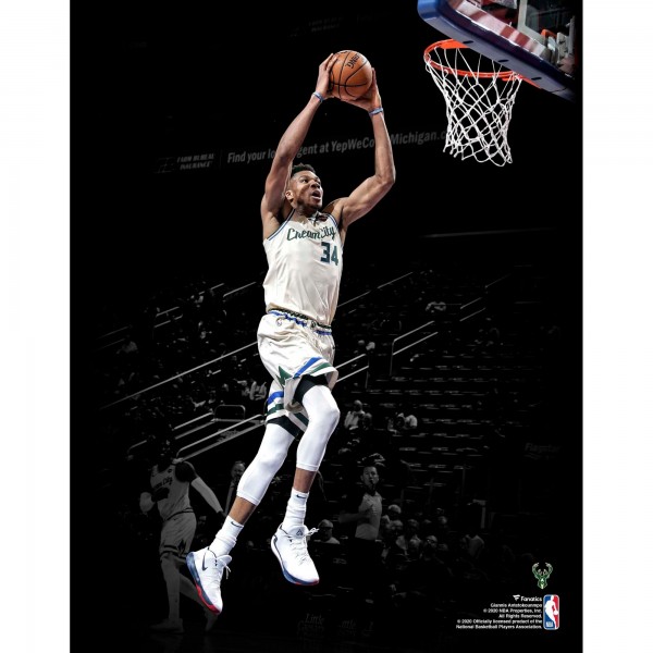 Unsigned Milwaukee Bucks Giannis Antetokounmpo Fanatics Authentic Dunk White Jersey Spotlight Photograph