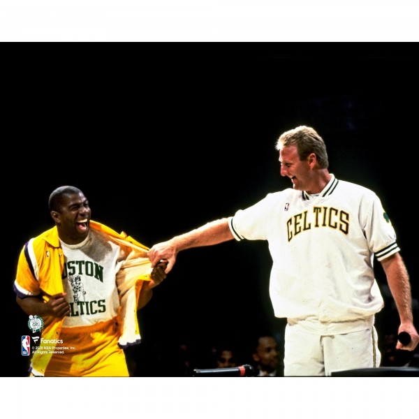 Unsigned Boston Celtics Larry Bird Fanatics Authentic with Magic Johnson Celtics Shirt Photograph