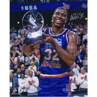 Autographed Los Angeles Lakers Magic Johnson Fanatics Authentic 16 x 20 Holding All-Star Game MVP Trophy Photograph