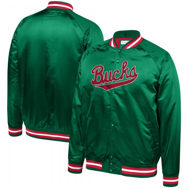 Бомбер Milwaukee Bucks Mitchell & Ness Throwback Wordmark Satin Full-Snap Raglan - Hunter Green