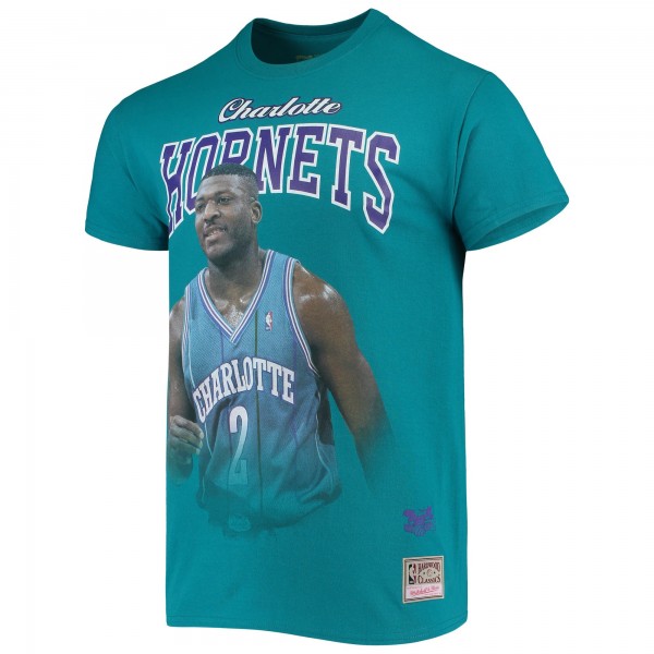 Футболка Larry Johnson Charlotte Hornets Mitchell & Ness Hardwood Classics Courtside - Teal