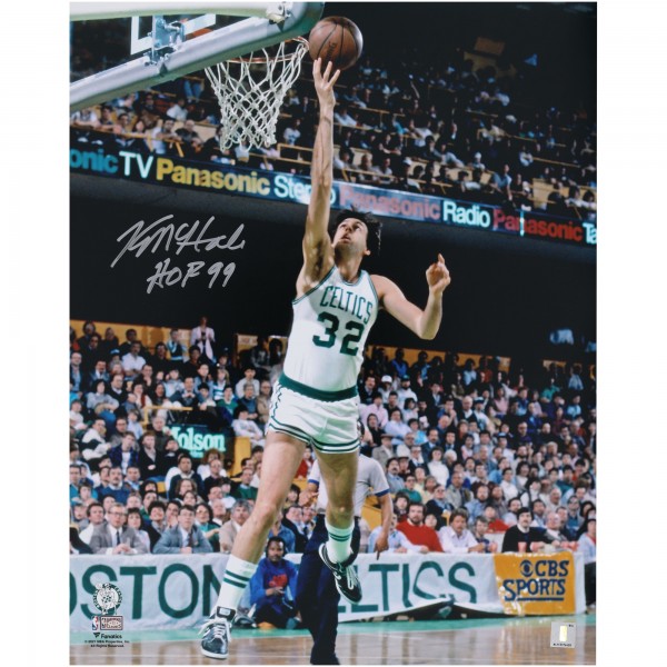 Kevin McHale Boston Celtics Autographed Fanatics Authentic 16 x 20 Lay Up In White Jersey Photograph with HOF 99 Inscription