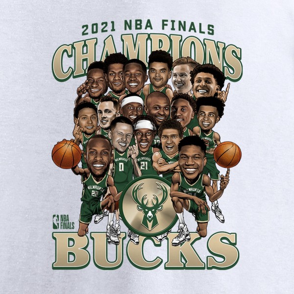 Футболка Milwaukee Bucks 2021 NBA Finals Champions Team Caricature Roster - White
