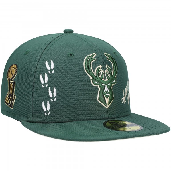 Бейсболка Milwaukee Bucks New Era 2021 NBA Finals Champions Icon 59FIFTY - Hunter Green - официальный мерч NBA