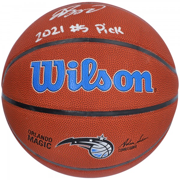 Autographed Orlando Magic Jalen Suggs Fanatics Authentic Wilson Team Logo Basketball with 2021 #5 Pick Inscription
