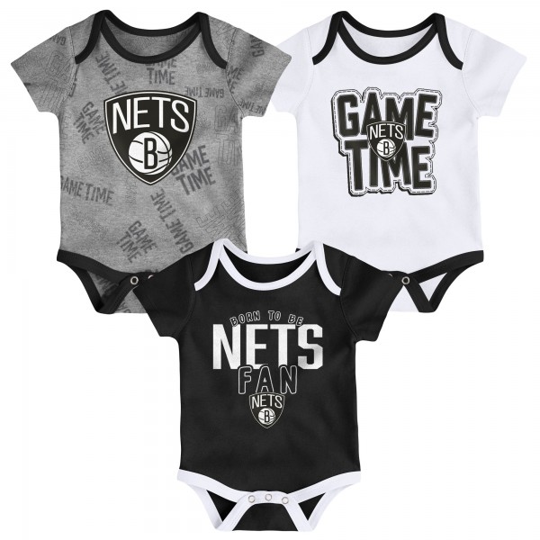 Малышам Brooklyn Nets Black/White/Heathered Gray Game Time Three-Piece Bodysuit Set
