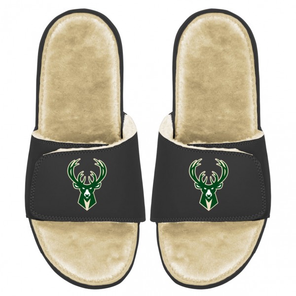 Детские шлепки Milwaukee Bucks ISlide Faux Fur - Black/Tan