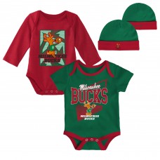 Малышам Milwaukee Bucks Mitchell & Ness Hunter Green/Red Hardwood Classics Bodysuits & Cuffed Knit Hat Set