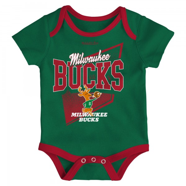 Малышам Milwaukee Bucks Mitchell & Ness Hunter Green/Red Hardwood Classics Bodysuits & Cuffed Knit Hat Set
