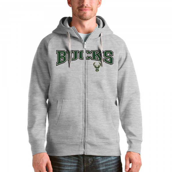 Milwaukee Bucks Antigua Heathered Gray Victory Full-Zip Hoodie