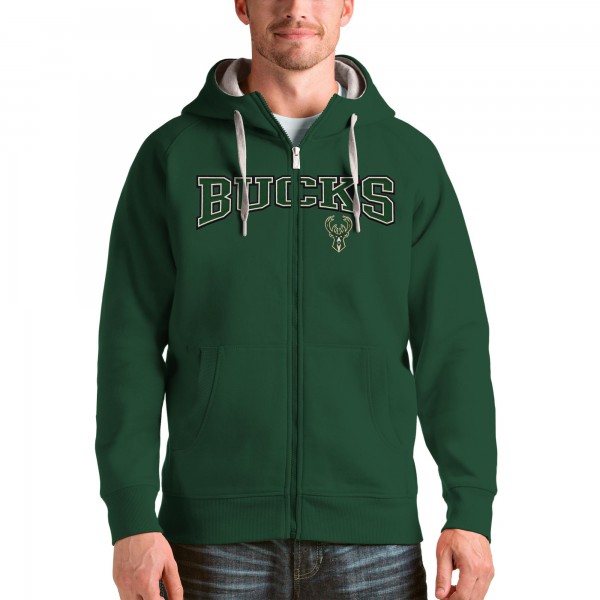 Milwaukee Bucks Antigua Hunter Green Team Victory Full-Zip Hoodie
