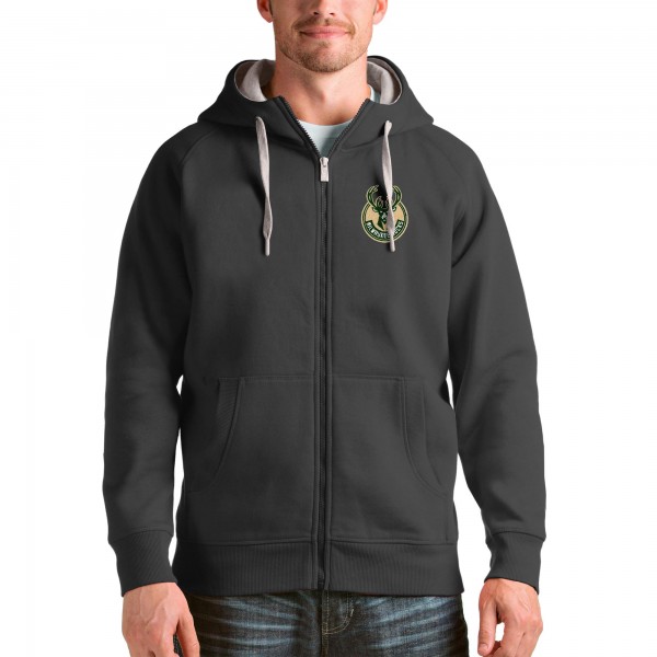 Milwaukee Bucks Antigua Charcoal Logo Victory Full-Zip Hoodie
