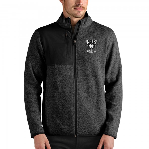 Brooklyn Nets Antigua Heathered Black Fortune Full-Zip Jacket