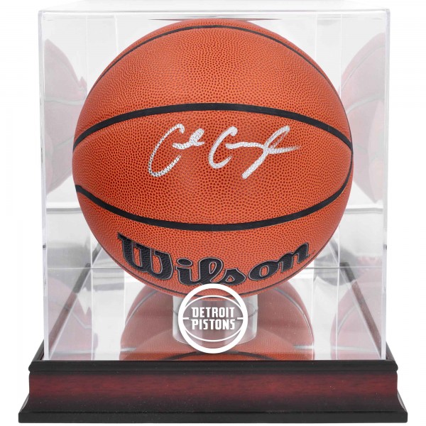 Autographed Detroit Pistons Cade Cunningham Fanatics Authentic Wilson Replica Basketball with Mahogany Team Logo Display Case