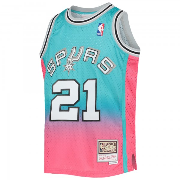 Детская игровая майка Tim Duncan San Antonio Spurs Mitchell & Ness Hardwood Classics Fadeaway Swingman - Teal/Pink - баскетбольная джерси NBA