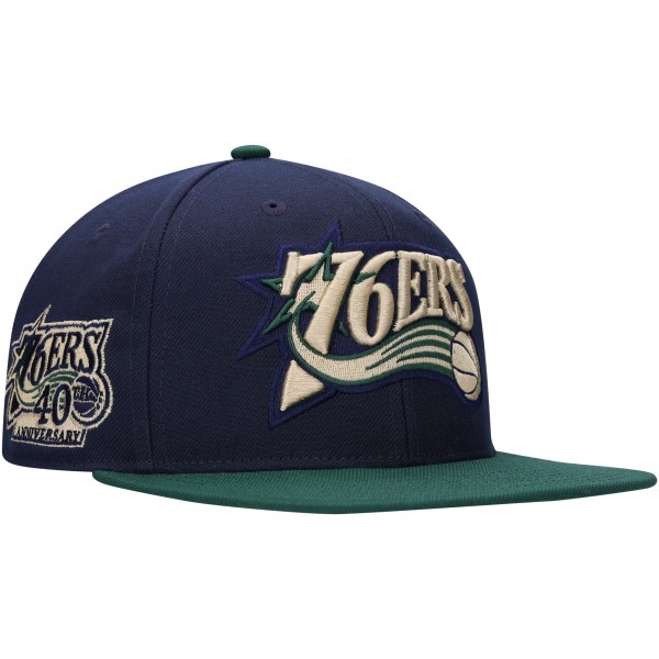 Бейсболка Philadelphia 76ers Mitchell & Ness Hardwood Classics Grassland - Navy/Green