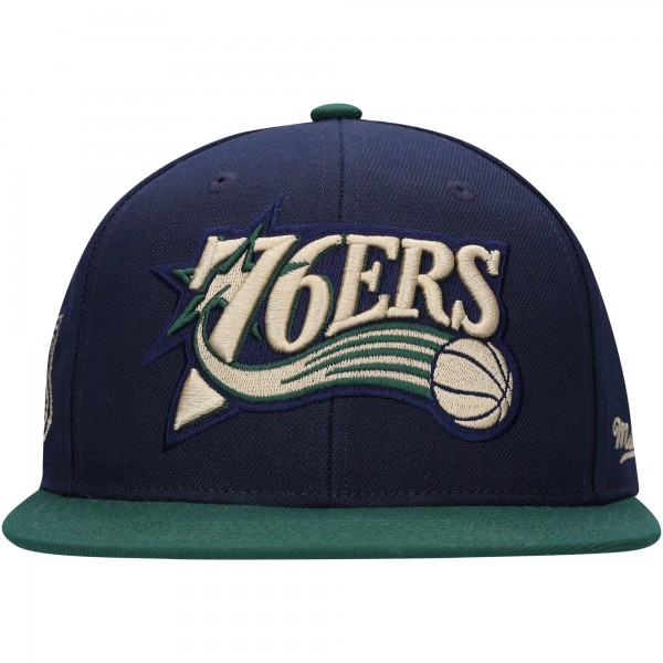 Бейсболка Philadelphia 76ers Mitchell & Ness Hardwood Classics Grassland - Navy/Green