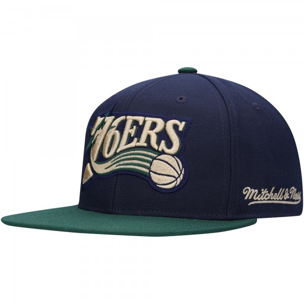 Бейсболка Philadelphia 76ers Mitchell & Ness Hardwood Classics Grassland - Navy/Green