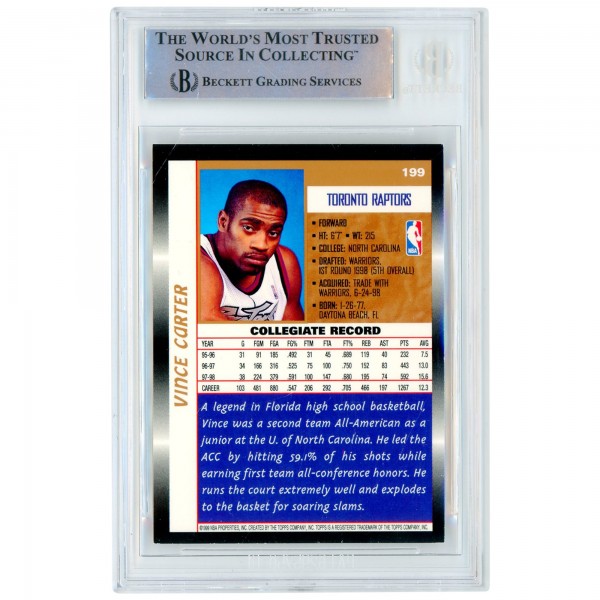Autographed Toronto Raptors Vince Carter 1998-99 Topps #199 Beckett Fanatics Witnessed Authenticated Rookie Card