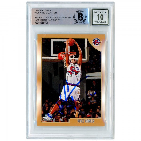 Autographed Toronto Raptors Vince Carter 1998-99 Topps #199 Beckett Fanatics Witnessed Authenticated 10 Rookie Card