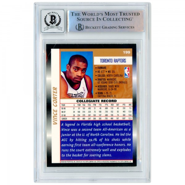 Autographed Toronto Raptors Vince Carter 1998-99 Topps #199 Beckett Fanatics Witnessed Authenticated 10 Rookie Card
