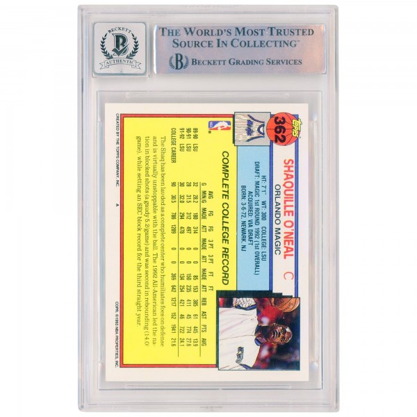Autographed Orlando Magic Shaquille ONeal Orlando Magic 1992-93 Topps #362 Beckett Fanatics Witnessed Authenticated 10 Rookie Card