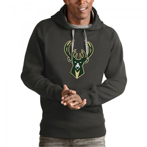 Milwaukee Bucks Antigua Charcoal Team Logo Victory Pullover Hoodie