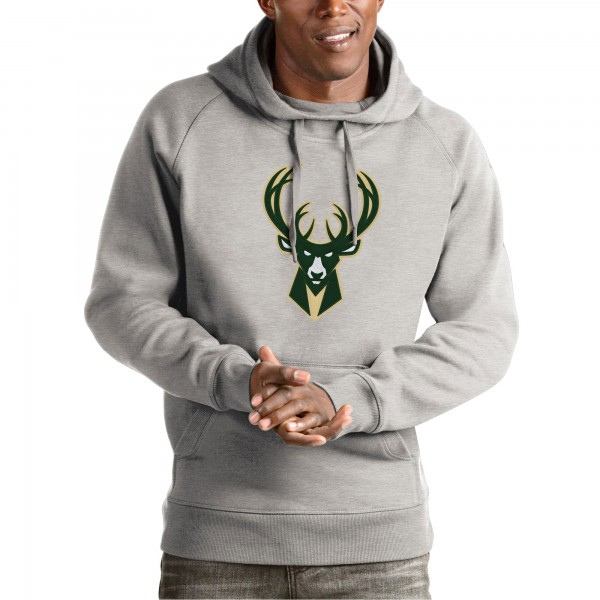 Milwaukee Bucks Antigua Heather Gray Team Logo Victory Pullover Hoodie