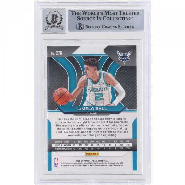Autographed Charlotte Hornets LaMelo Ball 2020-21 Panini Prizm #278 Beckett Witnessed Authenticated 10 Rookie Card