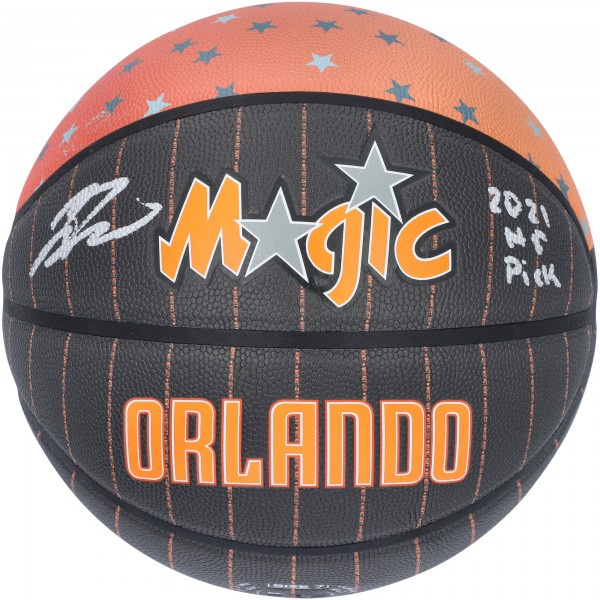 Autographed Orlando Magic Jalen Suggs Fanatics Authentic Wilson City Edition Collectors Basketball with 2021 #5 Pick Inscription