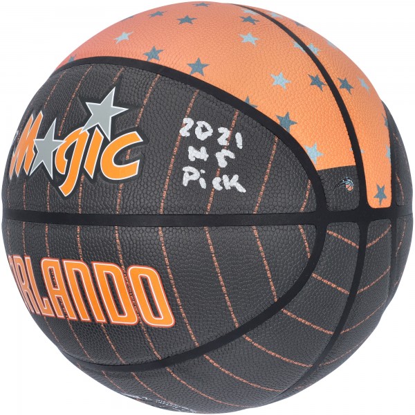 Autographed Orlando Magic Jalen Suggs Fanatics Authentic Wilson City Edition Collectors Basketball with 2021 #5 Pick Inscription